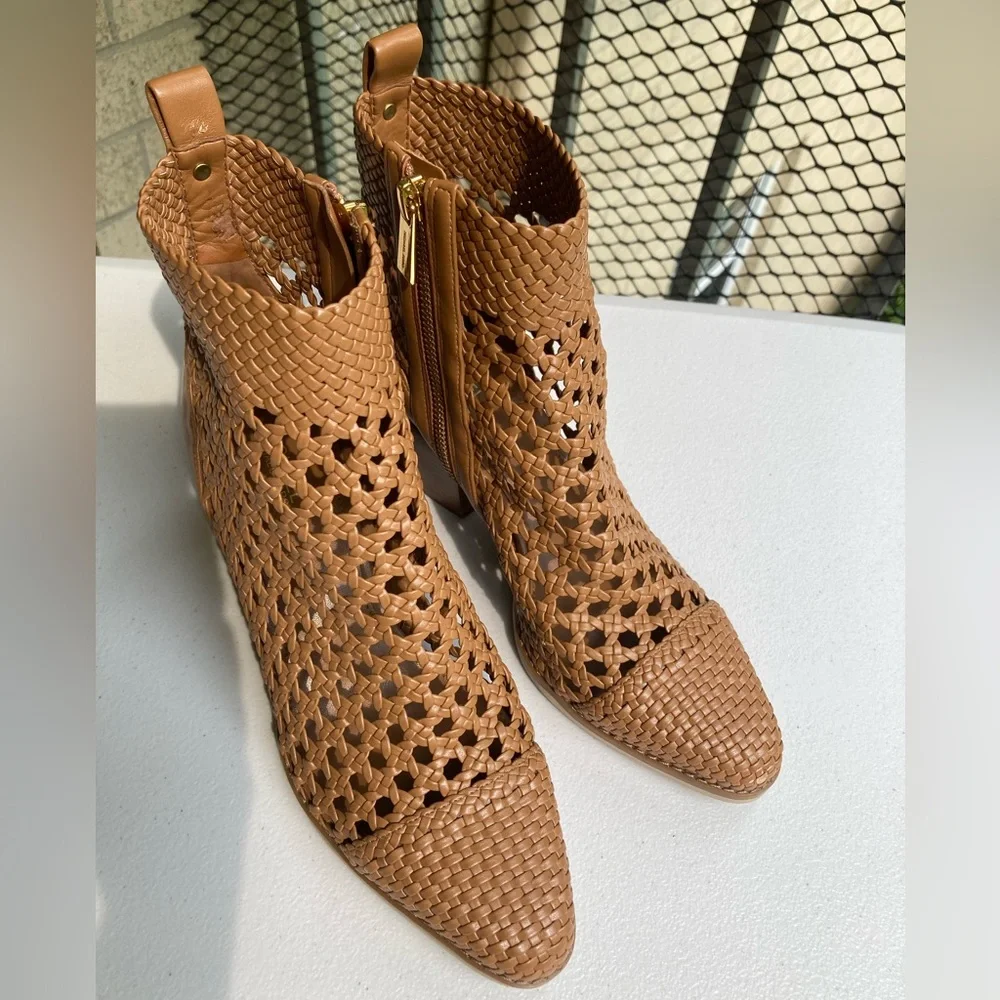 Michael Kors Augustine Tan Brown Woven Leather Ankle Bootie Western Style Boot